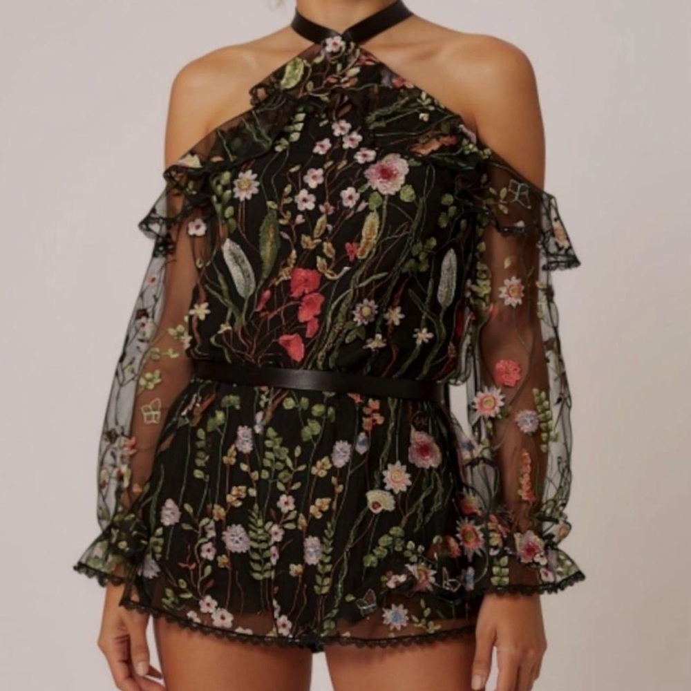 Alexis Black Sheer Romper with Floral Embroidery